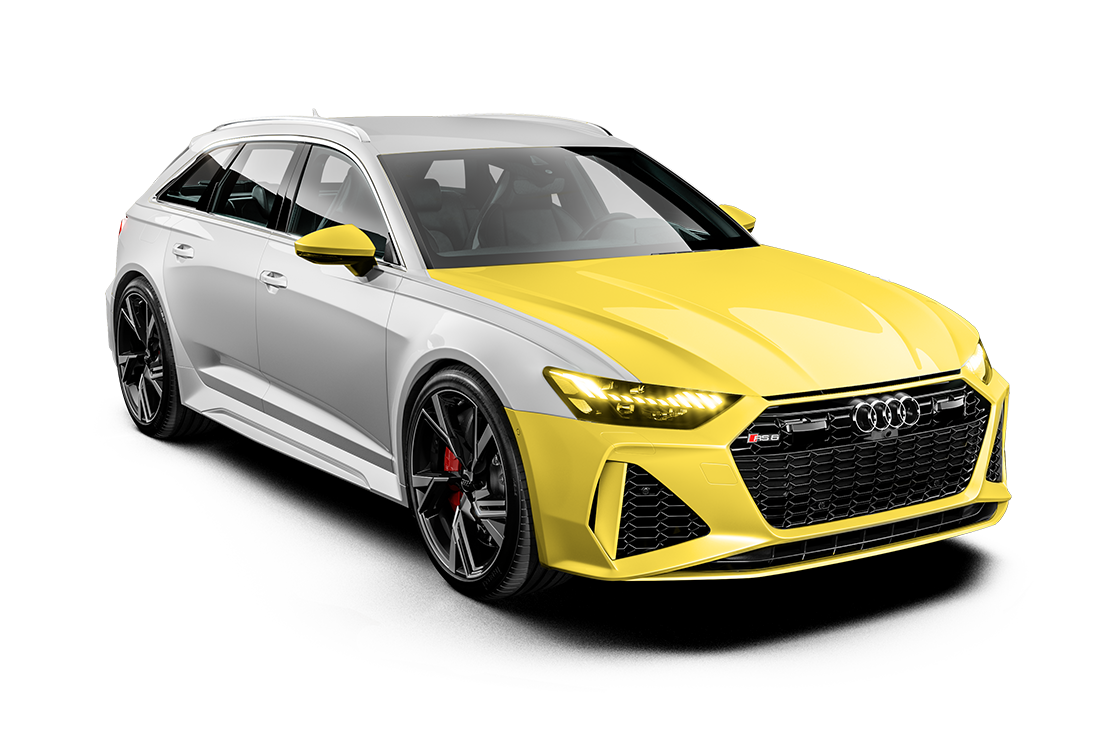 White sports car with a yellow front end and black wheels, angled on a white background