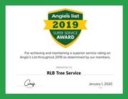 Angie’s List 2019 Super Service Award certificate for RLB Tree Service, green and gold