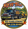 RLB Tree Service logo with black truck, tree, “45 years strong,” and phone number 636-274-9590