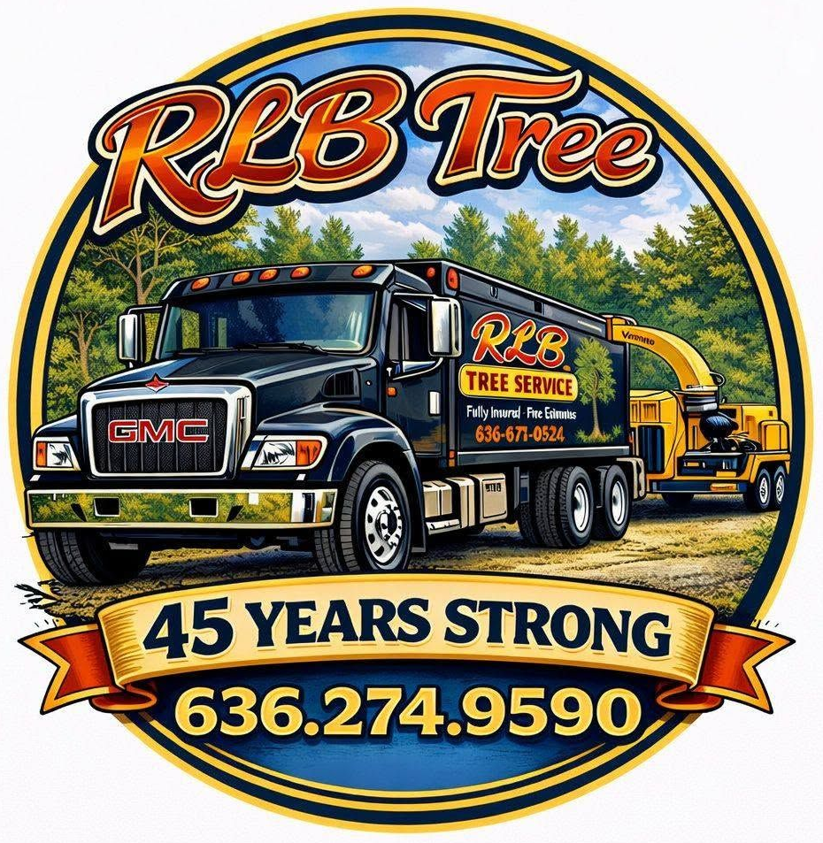 RLB Tree Service logo with black truck, tree, “45 years strong,” and phone number 636-274-9590