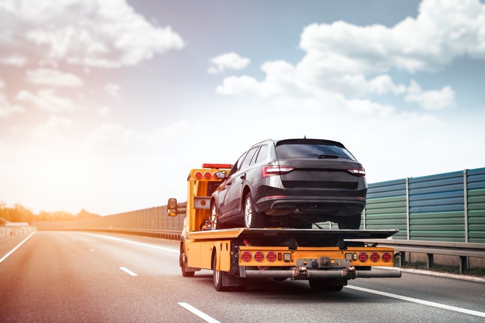 Car carrier towing a black SUV on a highway at sunset