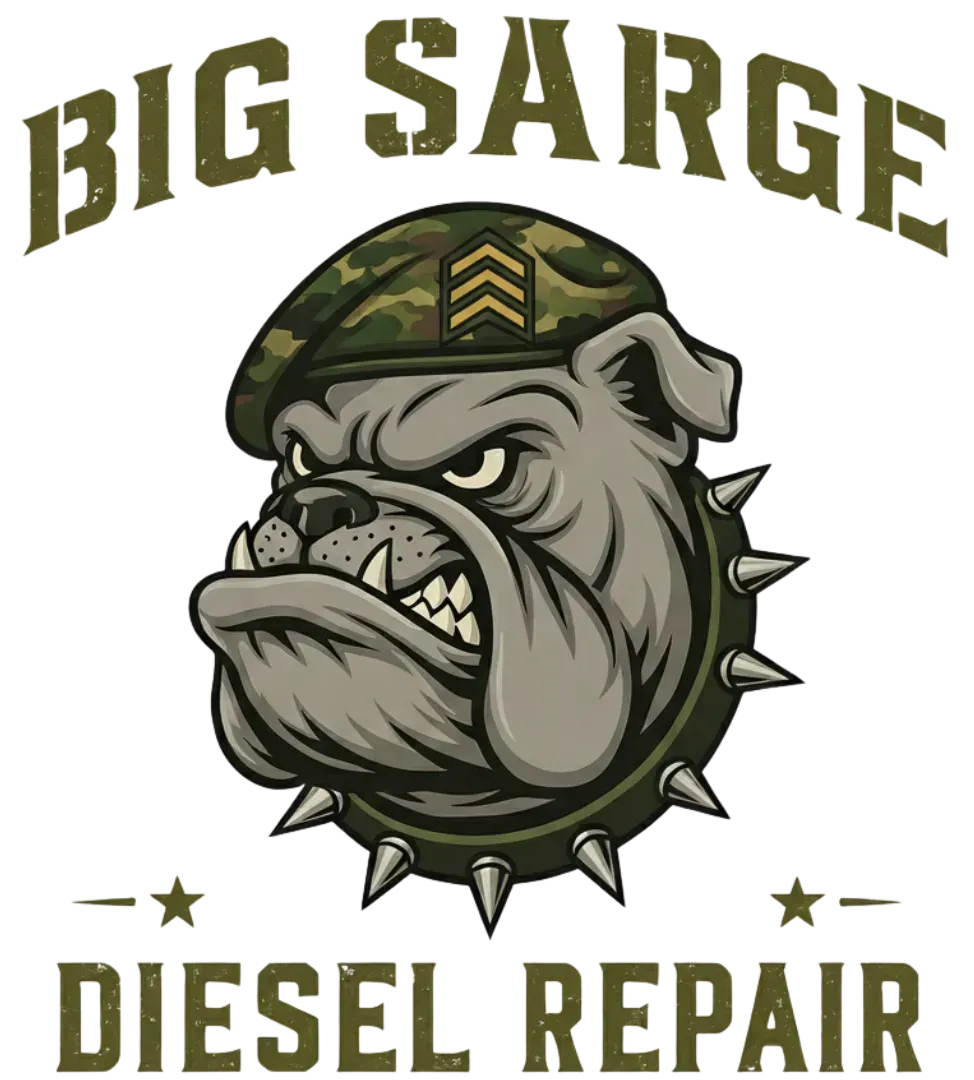 Big Sarge Diesel Repair logo with an angry bulldog in a camouflage helmet, olive and white text.