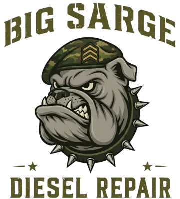 Big Sarge Diesel Repair logo with an angry bulldog in a camouflage helmet, olive and white text.