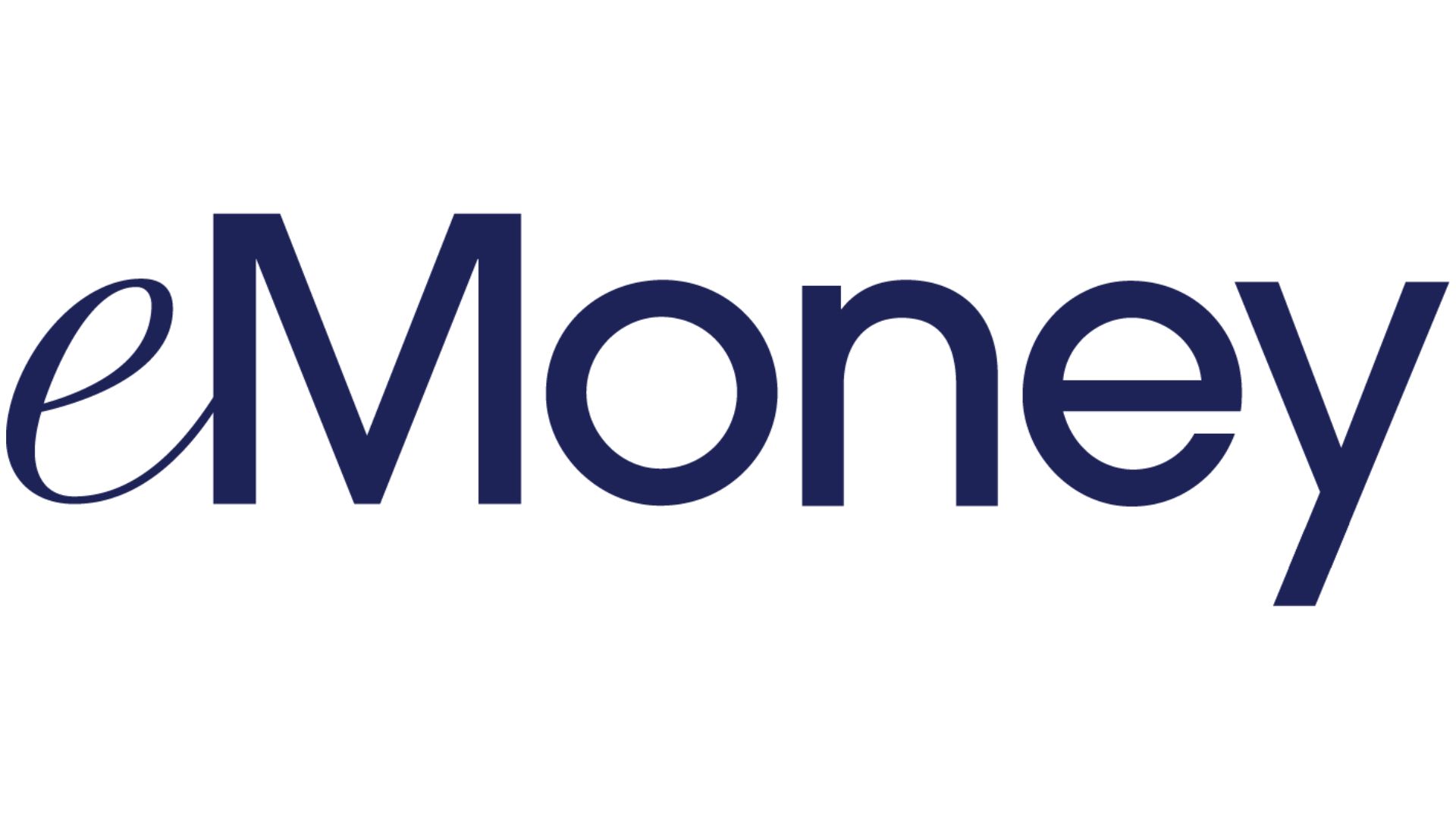The logo for emoney is blue and white on a white background.