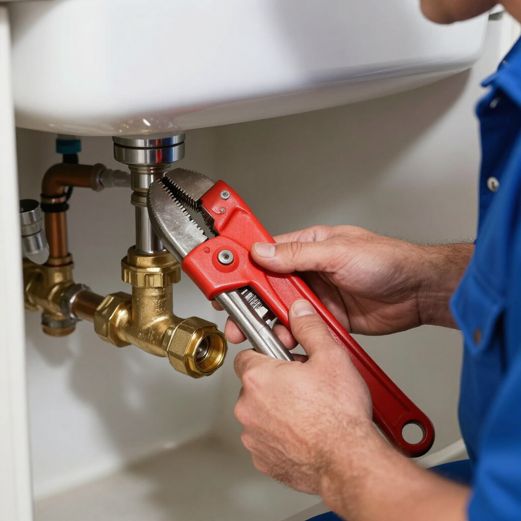 Plumber tightening a sink pipe with red pipe wrench under a white bathroom sink