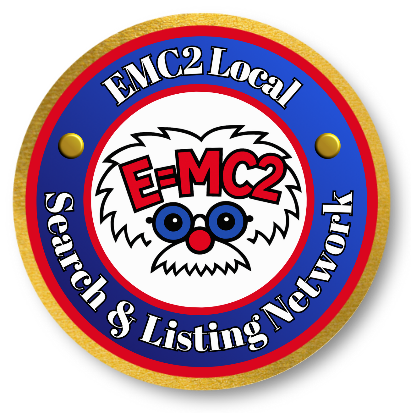 F=MC2 proud partner seal for NYC2 Family of Volunteers, red and blue with cartoon face