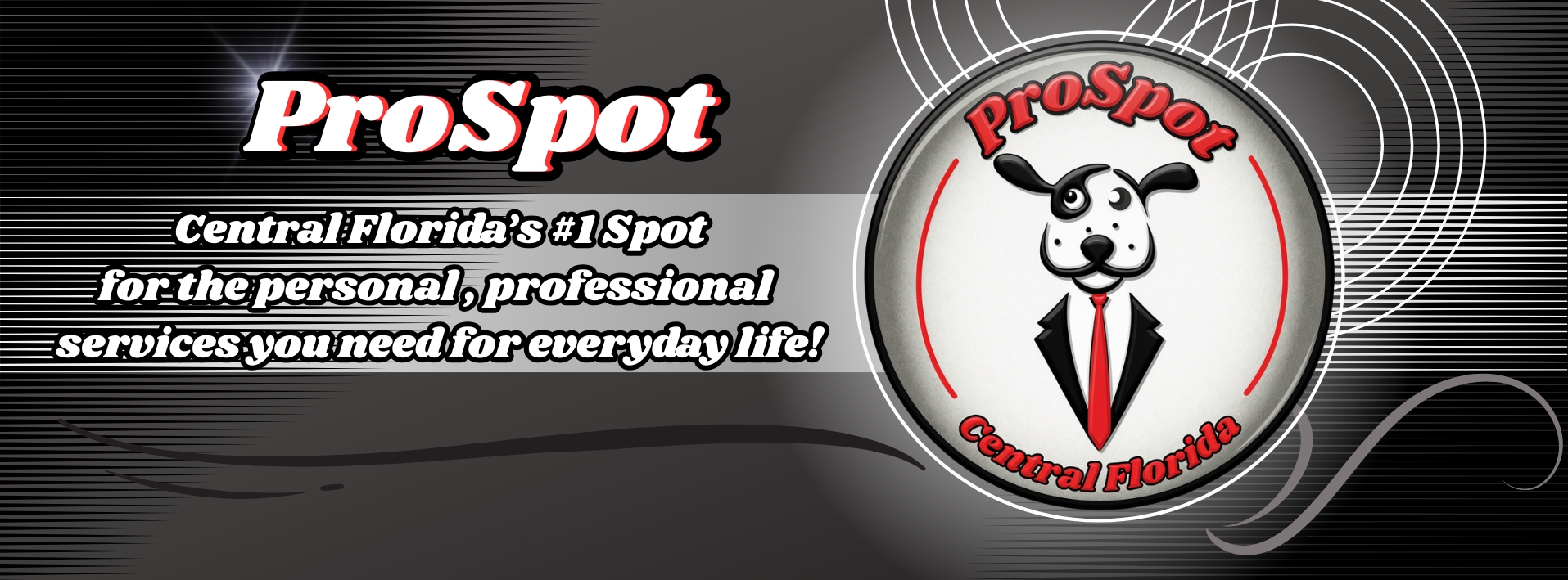 ProSpot logo with black-and-white dog in a circular badge and tagline for personal and professional services.