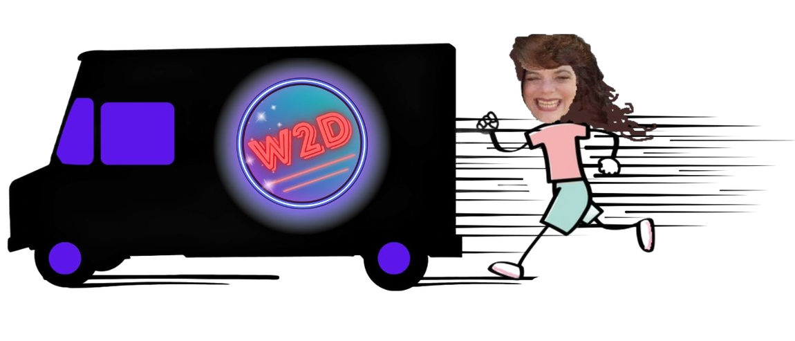 Black delivery van with purple windows and a neon logo, while a cartoon runner chases beside it.