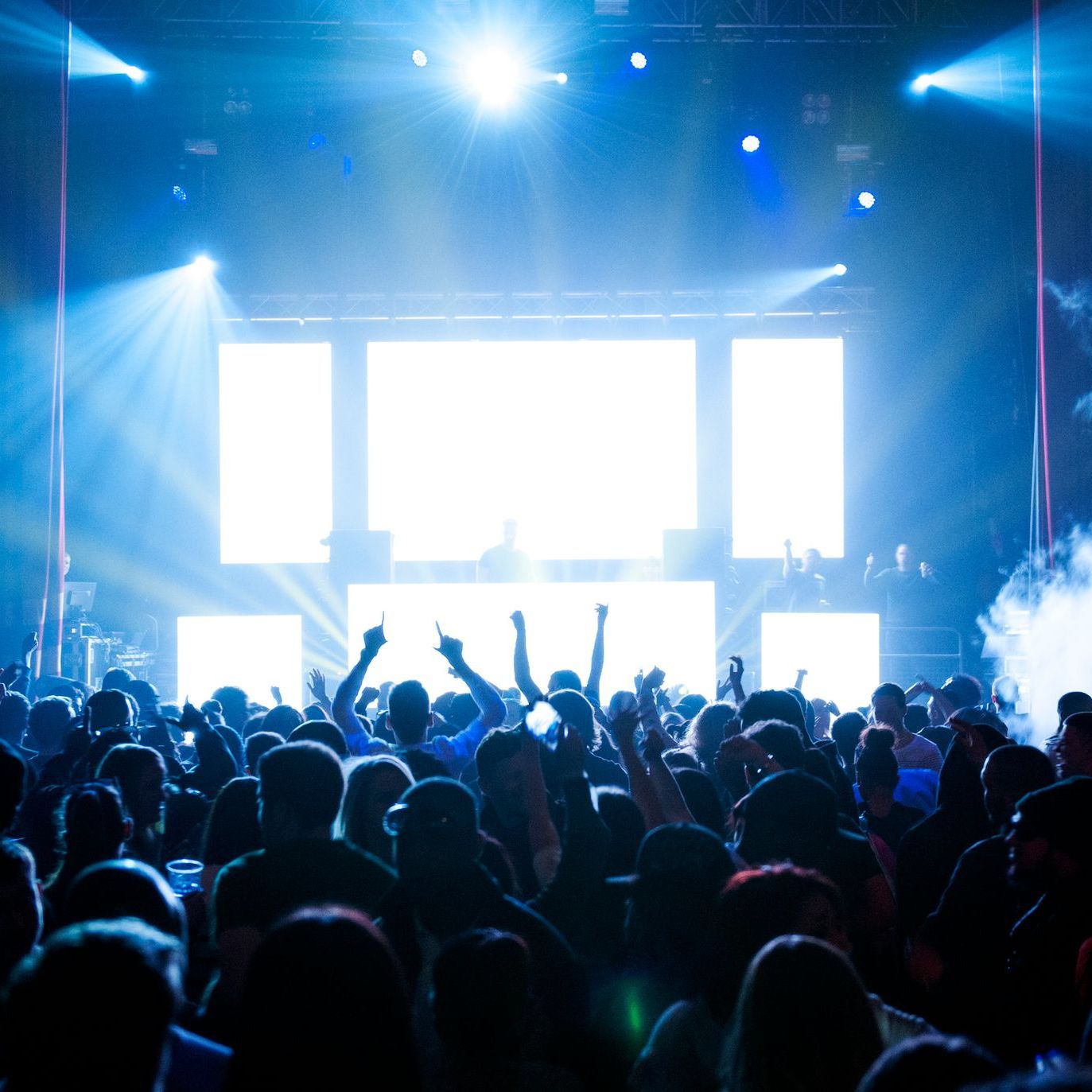 Una folla di persone a un concerto con le mani in aria