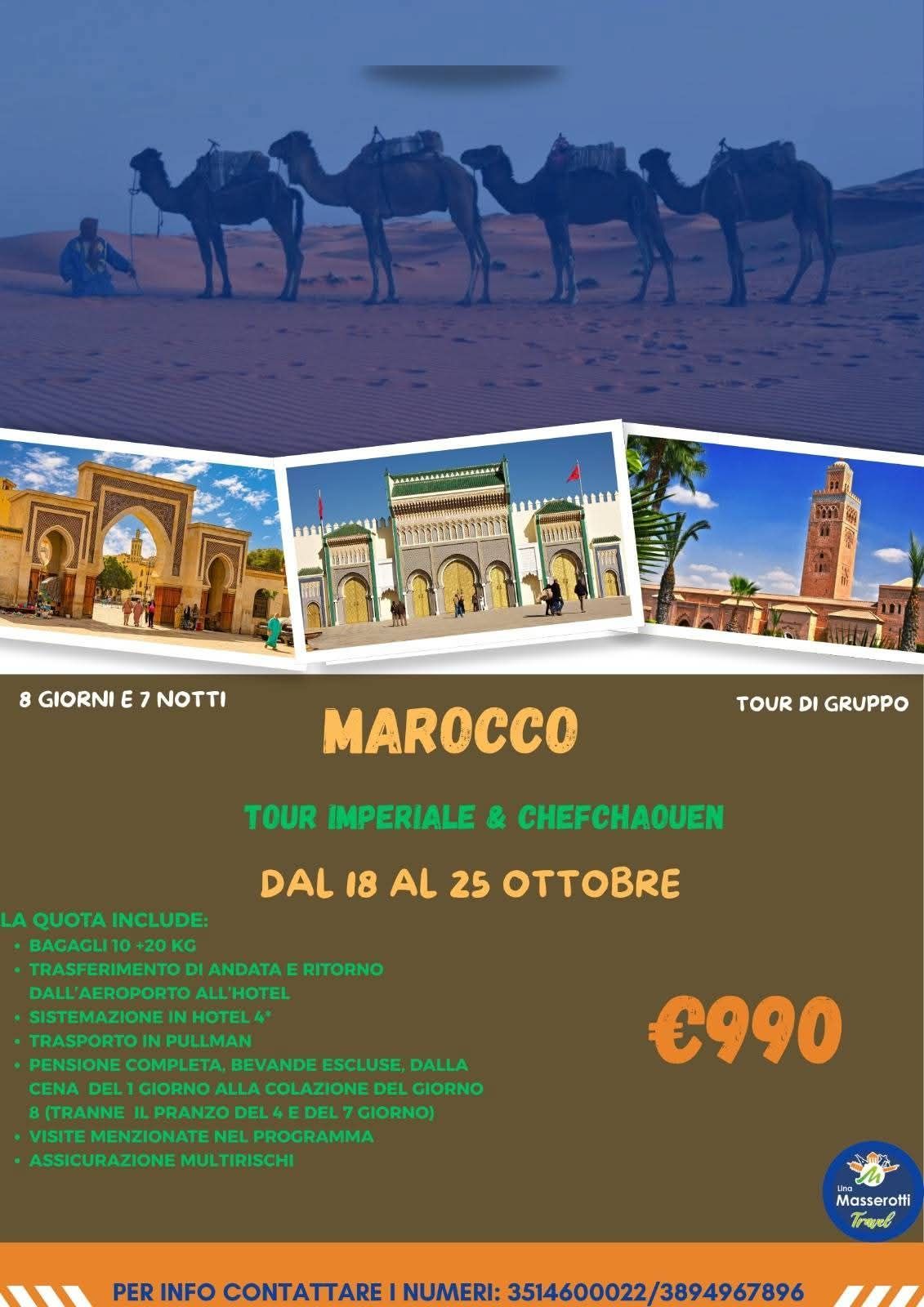 Un poster per un tour del Marocco con cammelli ed edifici
