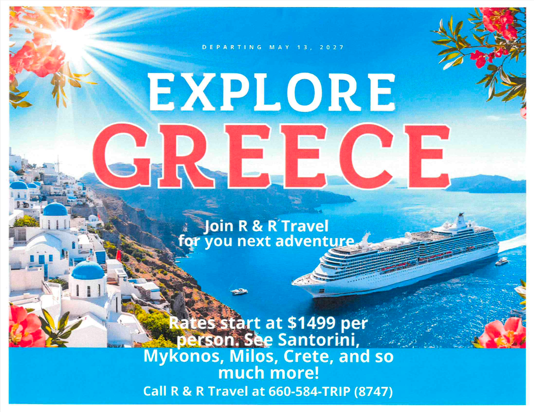 Travel ad for Greece with blue sea, white buildings, cruise ship, and bold “EXPLORE GREECE” text.