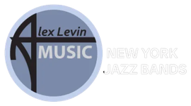 Alex Levin Music Lex Levin Music logo with “New York Jazz Bands” text in gray and blue