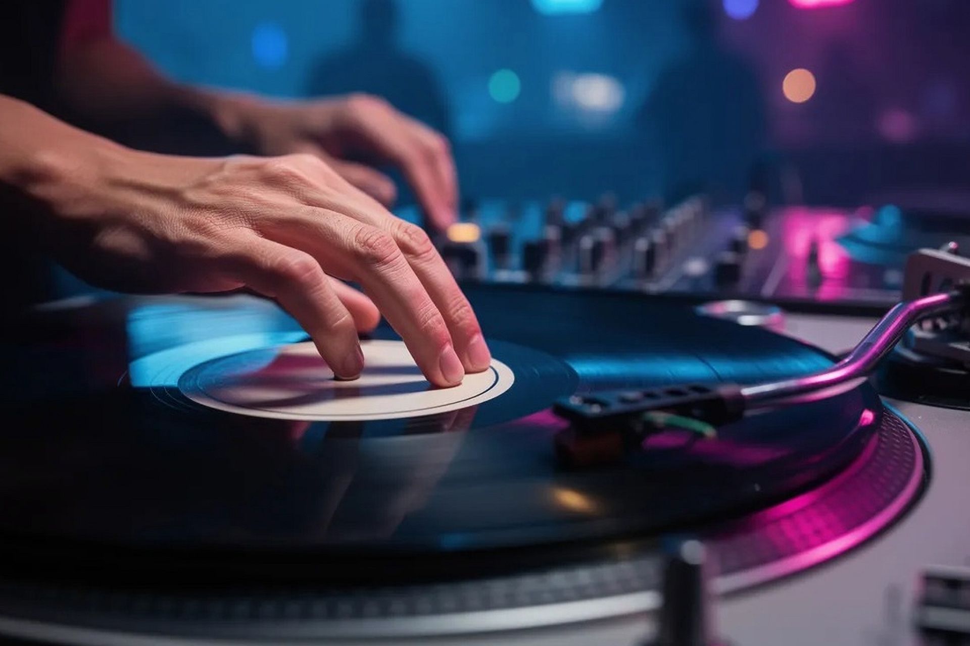Hands placing a vinyl record on a turntable in a neon-lit DJ setup