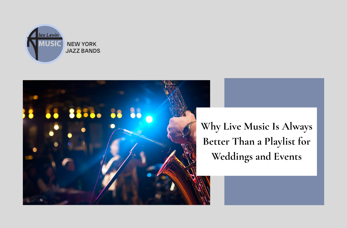 Concert crowd with blue stage lights and text: “Why Live Music Is Always Better Than a Playlist for Weddings and Events”