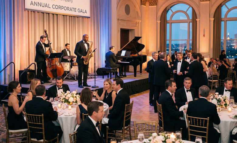 Formal dinner with live jazz band and seated guests in an ornate banquet hall