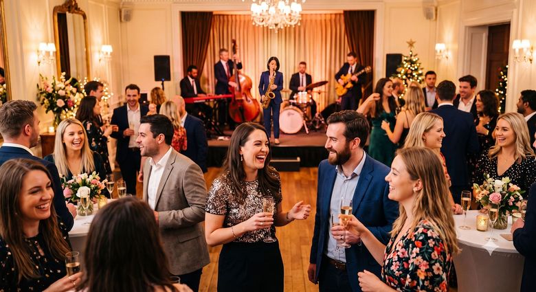 Guests mingling at a lively indoor reception with a live band performing on stage in the background