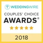 WeddingWire Couples' Choice Awards badge, gold and white, 2018 with five stars