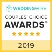 WeddingWire Couples' Choice Awards badge with five gold stars and 2019 on white and yellow background