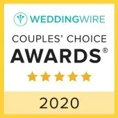 WeddingWire Couples’ Choice Awards badge, 2020, with five gold stars on a white and yellow background