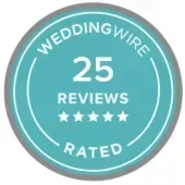 WeddingWire circular teal badge showing “25 reviews rated” with five stars