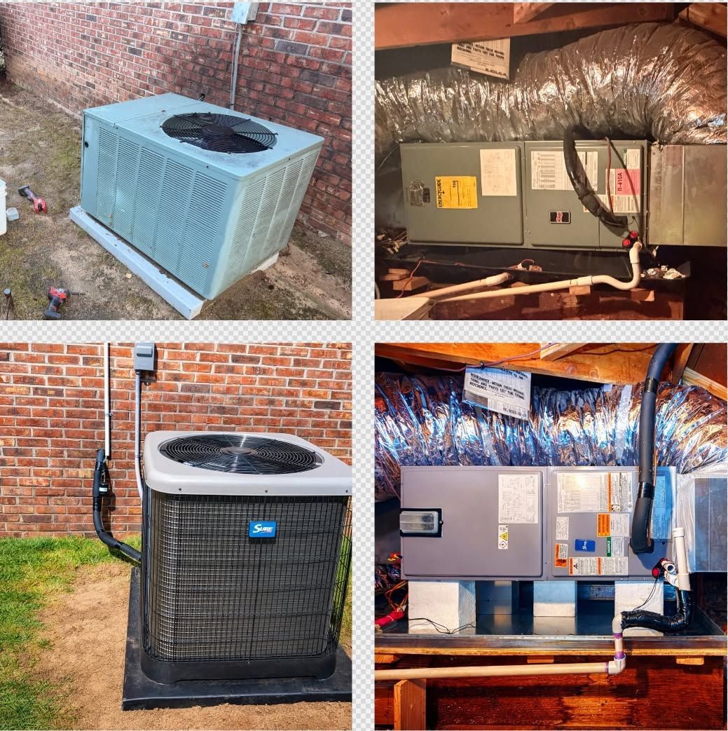 Four photos of a home HVAC unit and indoor air handler in a basement and outdoors