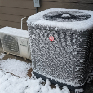 Snow-covered outdoor air conditioner units beside a house wall