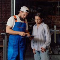 Two coworkers reviewing a clipboard in a workshop, one pointing with a pencil