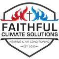 Faithful Climate Solutions HVAC logo with red and blue flames, cross, and gray shield outline