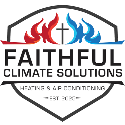 Faithful Climate Solutions HVAC logo with red and blue flames, cross, and gray shield outline