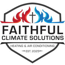 Faithful Climate Solutions HVAC logo with red and blue flames, cross, and gray shield outline