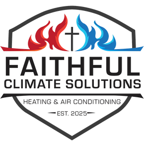 Faithful Climate Solutions HVAC logo with red and blue flames, cross, and gray shield outline