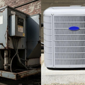 Two outdoor HVAC units side by side: an old rusted unit on the left and a newer white unit on the right