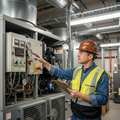 Technician in hard hat inspecting industrial control panel in a plant room