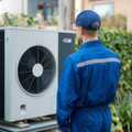 Technician in blue uniform inspecting an outdoor air conditioning unit in a garden area