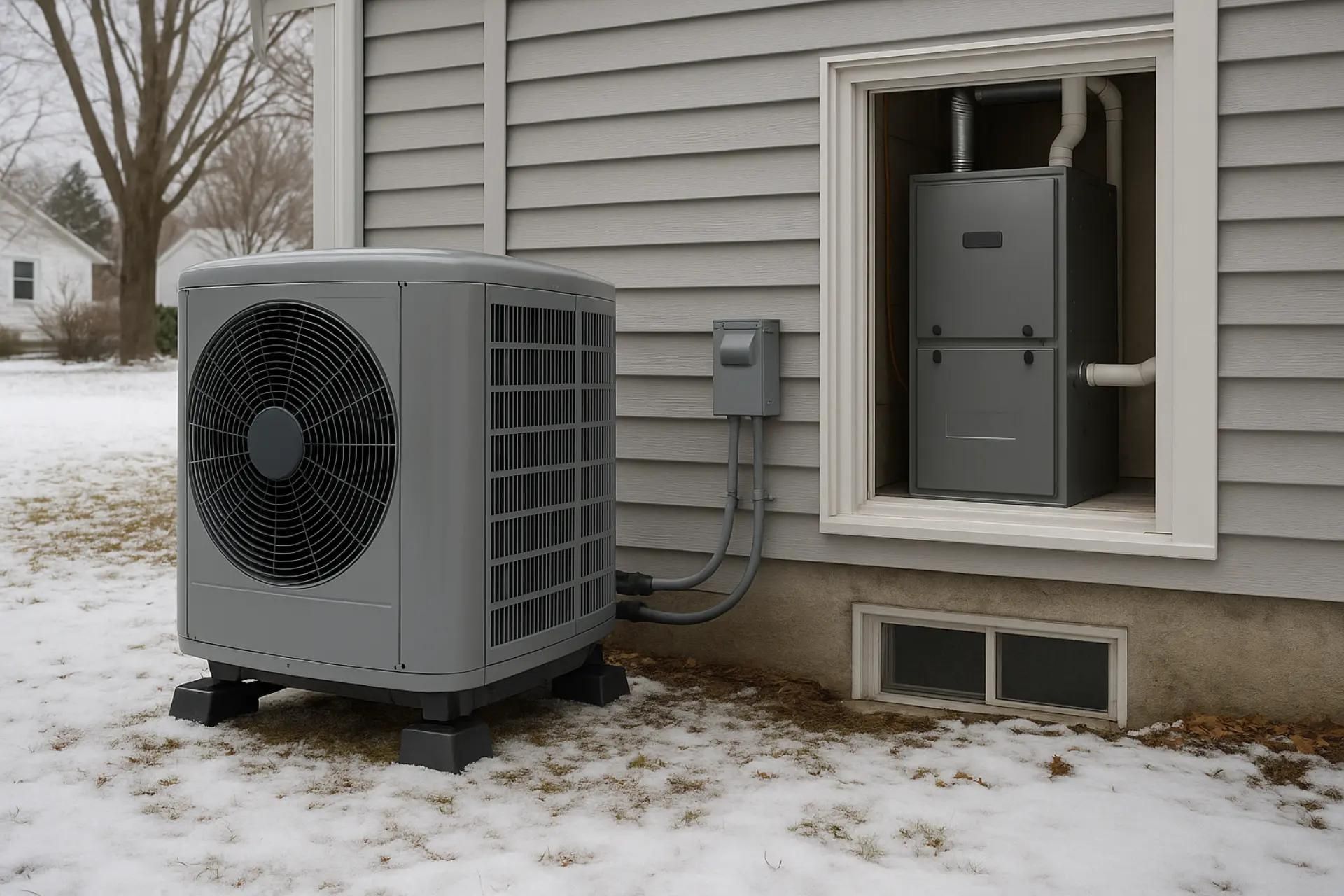 Outdoor air conditioner unit beside a house in winter, with snow on the ground and utility lines visible