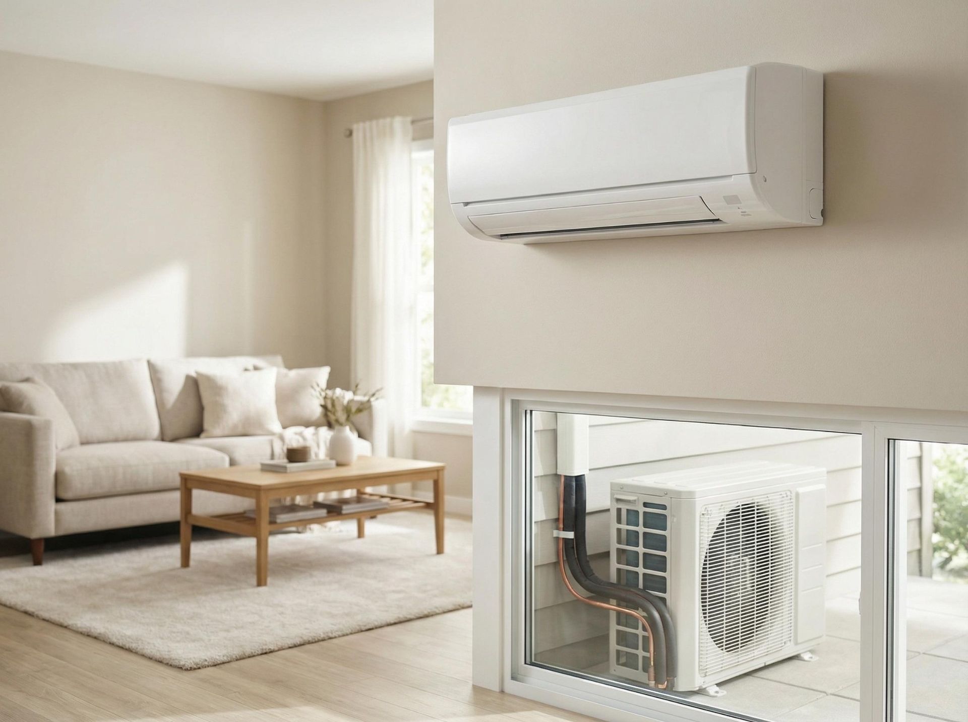 Bright living room with wall-mounted AC and visible outdoor compressor through a window opening