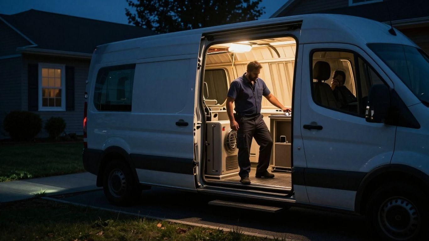 Man loading equipment into a white van at night, with the side door open and warm interior light glowing.