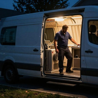 Man standing in the open doorway of a white van at dusk, lit by warm interior light.