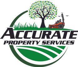 Logo for Accurate Property Services featuring a tree, a lawn mower, and stylized green fields.