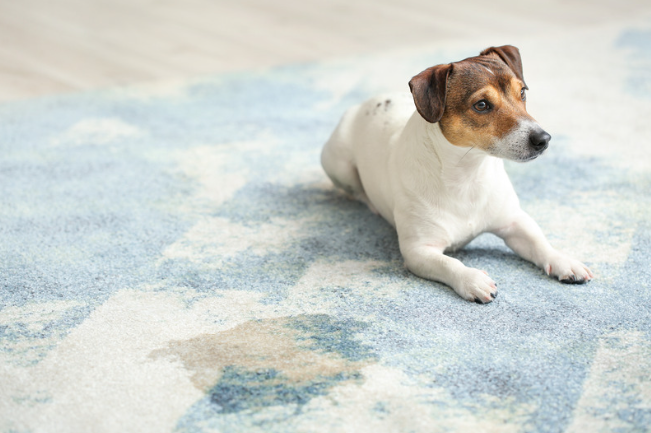 Small white-and-brown dog lying on a light blue patterned rug