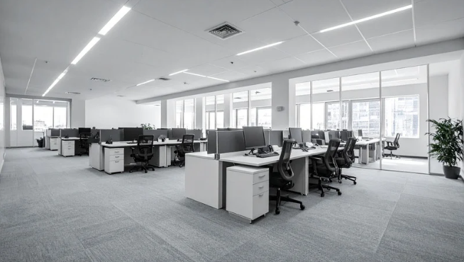 Bright modern open-plan office with desks, chairs, computers, and large windows.