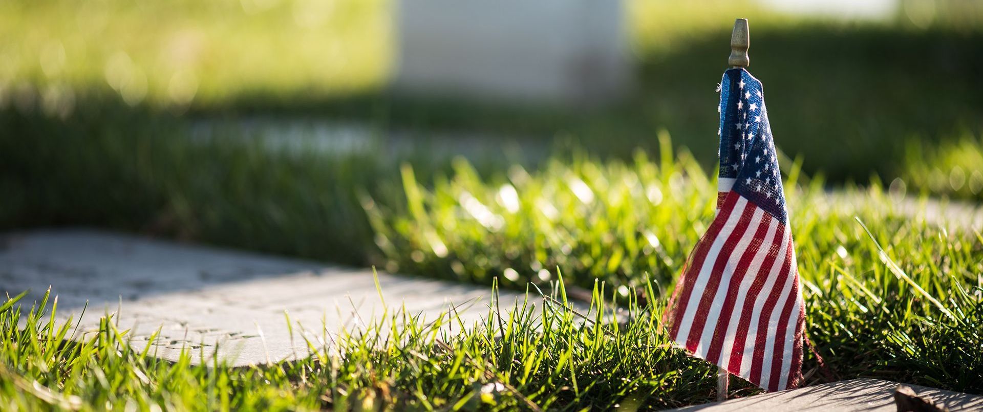 A small american flag is sitting on a grave in the grass.