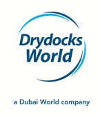 Drydocks World logo: Blue text and arcs in a white circle; 