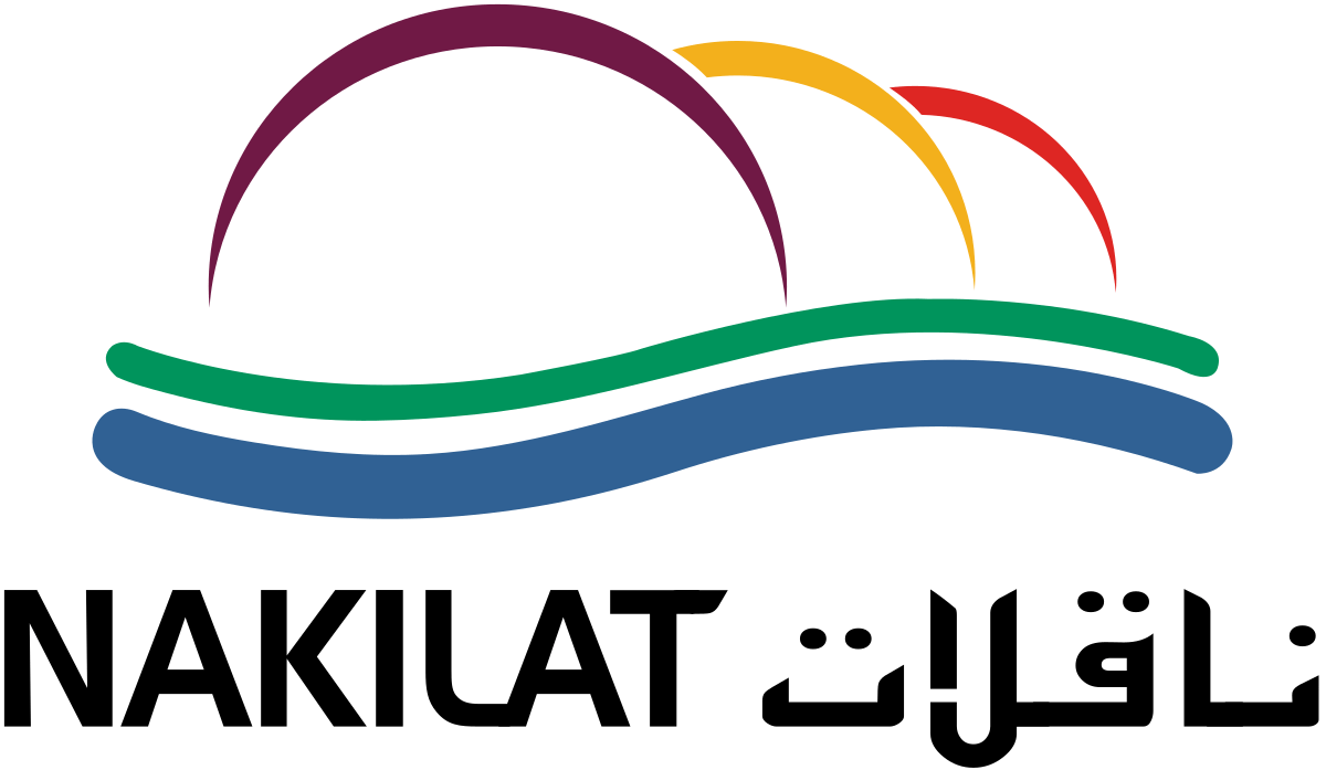 Nakilat logo: Arcs of purple, yellow, and red over green and blue waves.