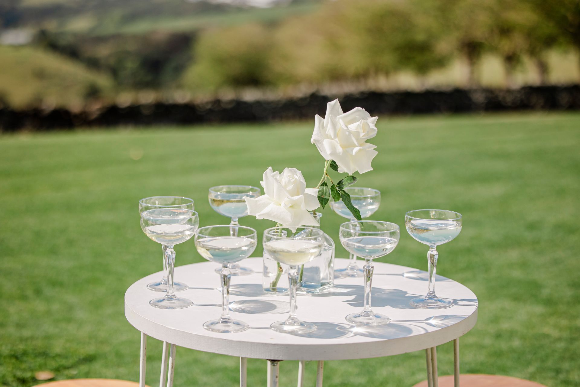 White cocktail glasses and flowers arranged on a small table outdoors on a green lawn.