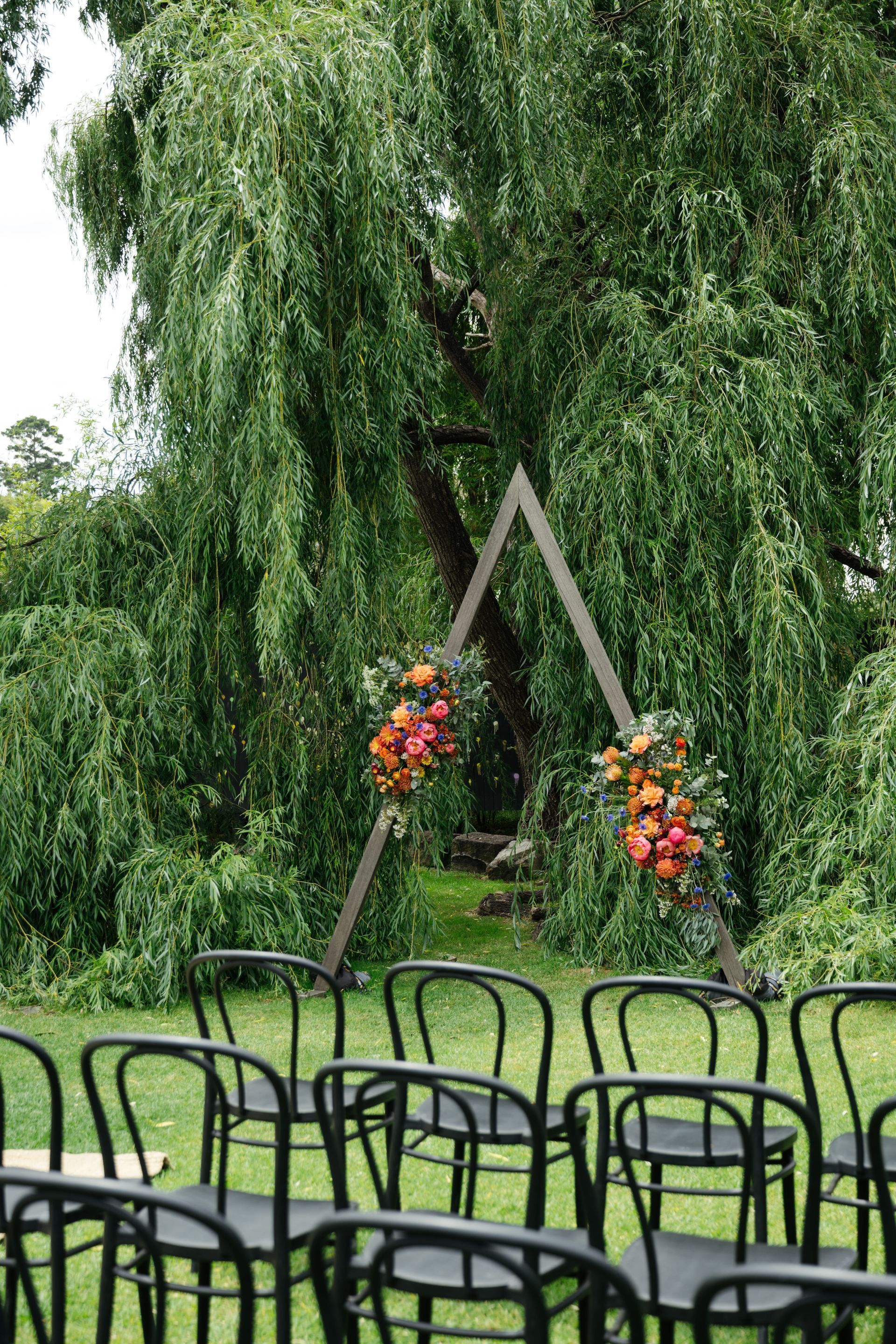Outdoor ceremony setup with black chairs and a wooden arch decorated with colorful flowers under a willow tree