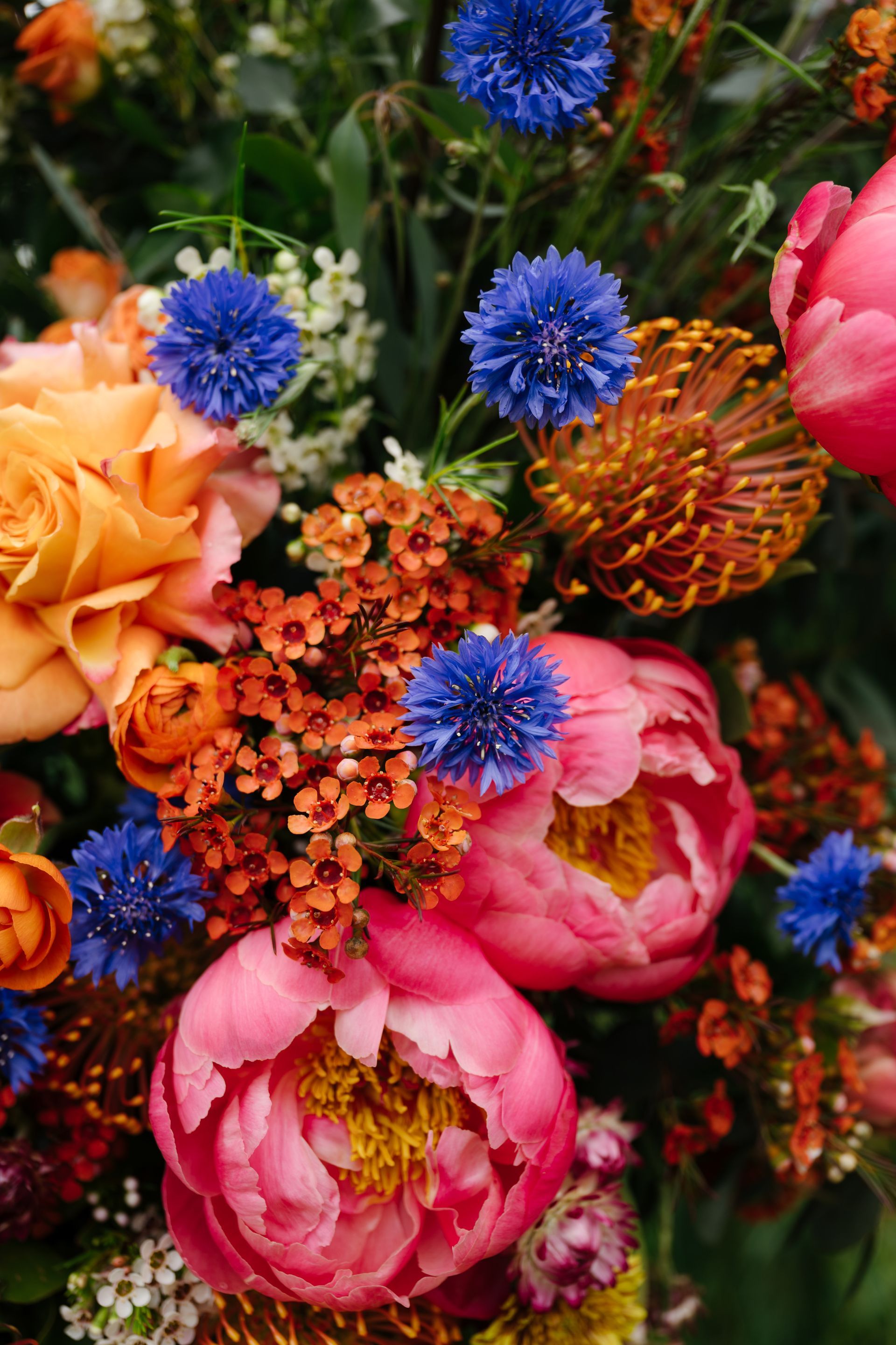 Colorful bouquet of pink, orange, and blue flowers with green foliage