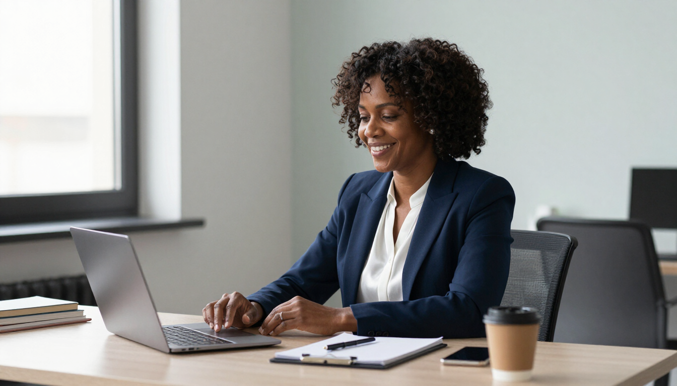 Woman working on a laptop at a desk in a modern office, smiling with a coffee cup nearby.