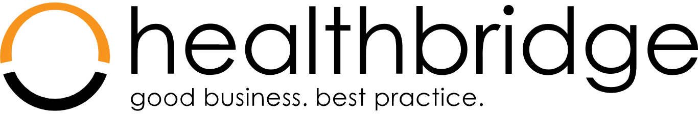 Healthbridge logo: orange semi-circle above black semi-circle, black text, “good business. best practice.”