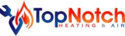 Top Notch Heating & Air logo with red and blue flame icon and text on white background